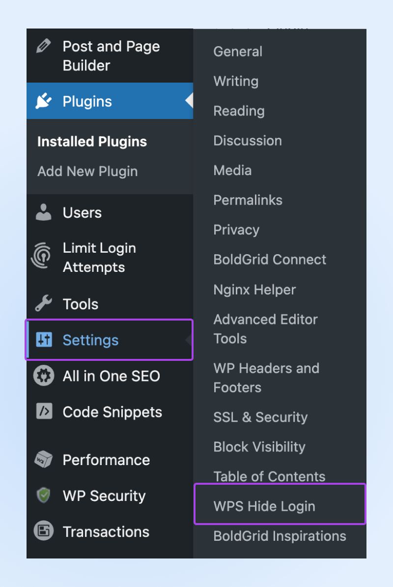 Screenshot of the WP nav showing the "Settings" option under "Plugins" brining up another drop-down where you can click WPS Hide Login