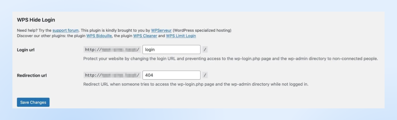 screenshot of the WPS Hide Login options showing the Login URL and the Redirection URL