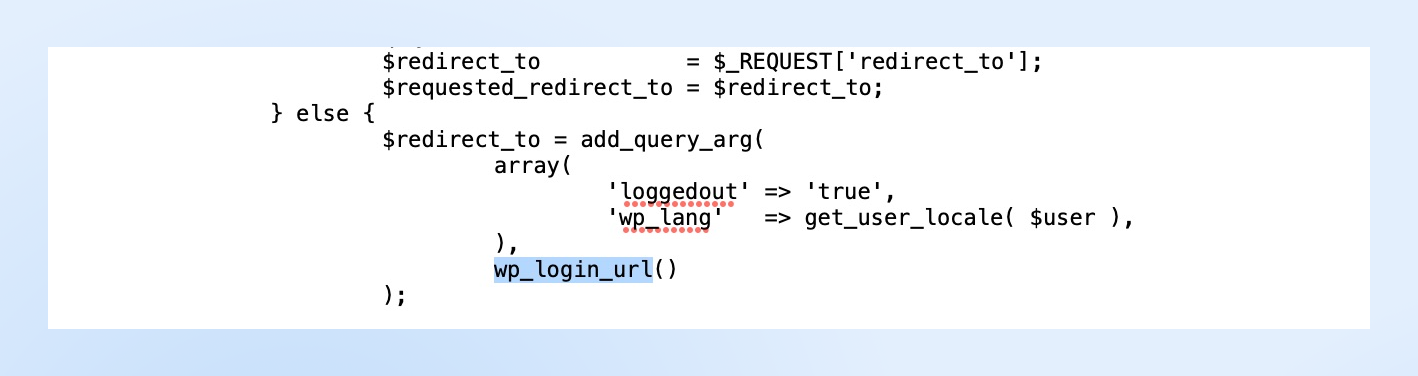 Screenshot of code highlighting the wp_login_url part of the code