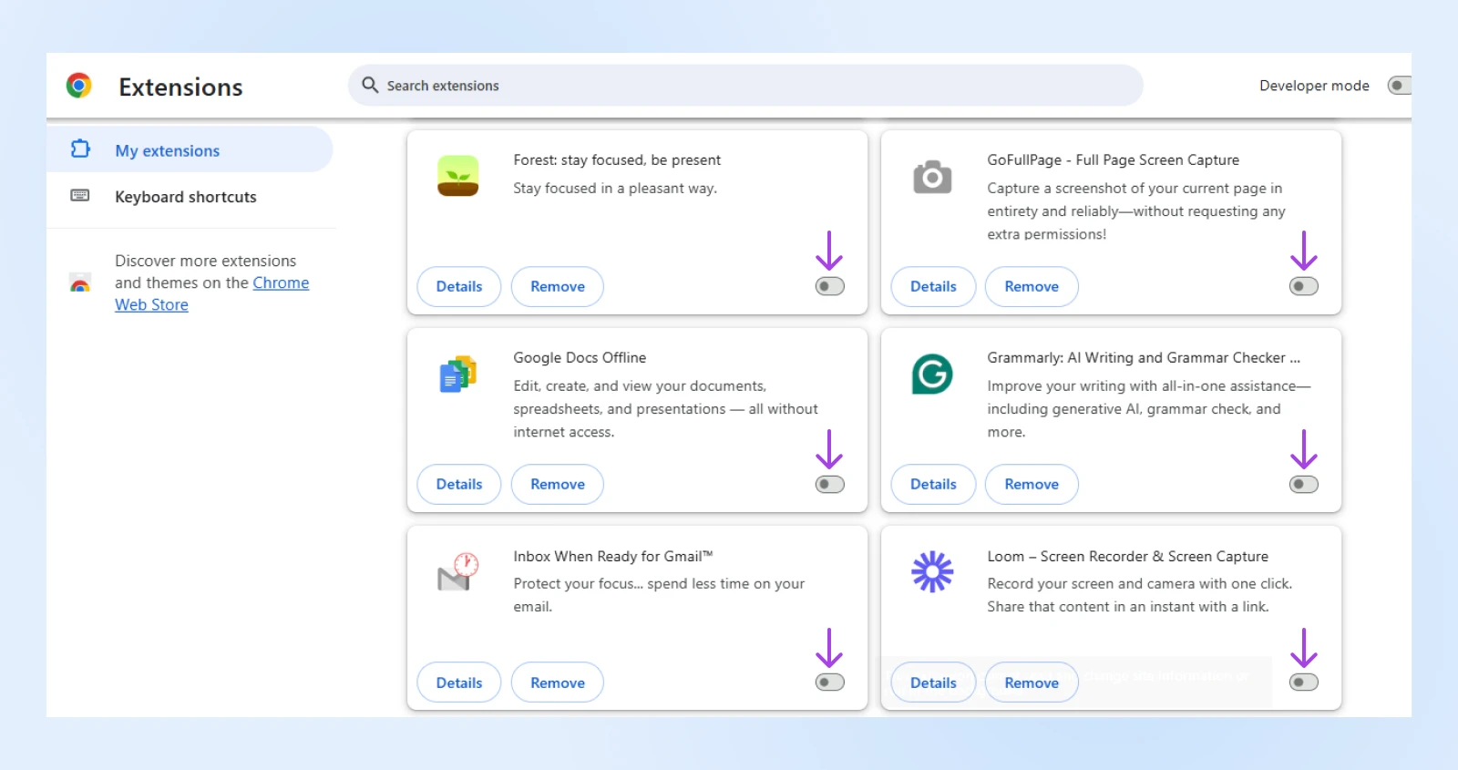 Chrome "manage extensions" view showing each extension title, with options to click "Details" and "remove" with special attention draw to the toggle turned off to disable extension. 