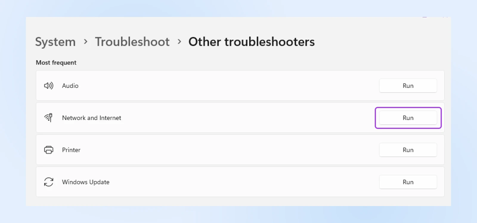 Other troubleshooters menu showing options for "Audio," "Network and Internet" with attention to the "Run" button to the right of it, as well as "Printer" and "Windows Update" 