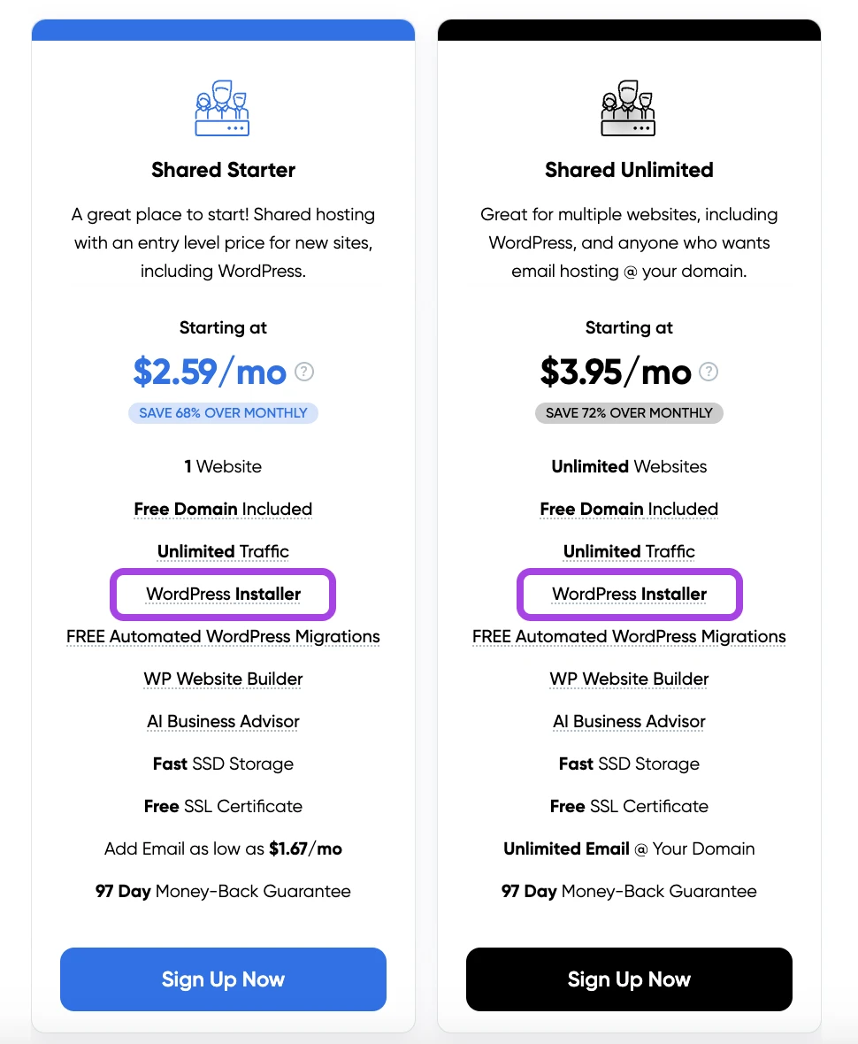 DreamHost's Shared Starter and the Shared Unlimited plans are described. Both come with WordPress Installer.