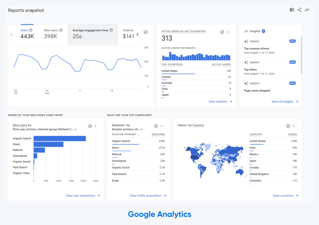 Captura de pantalla del panel de instantáneas de informes de Google Analytics