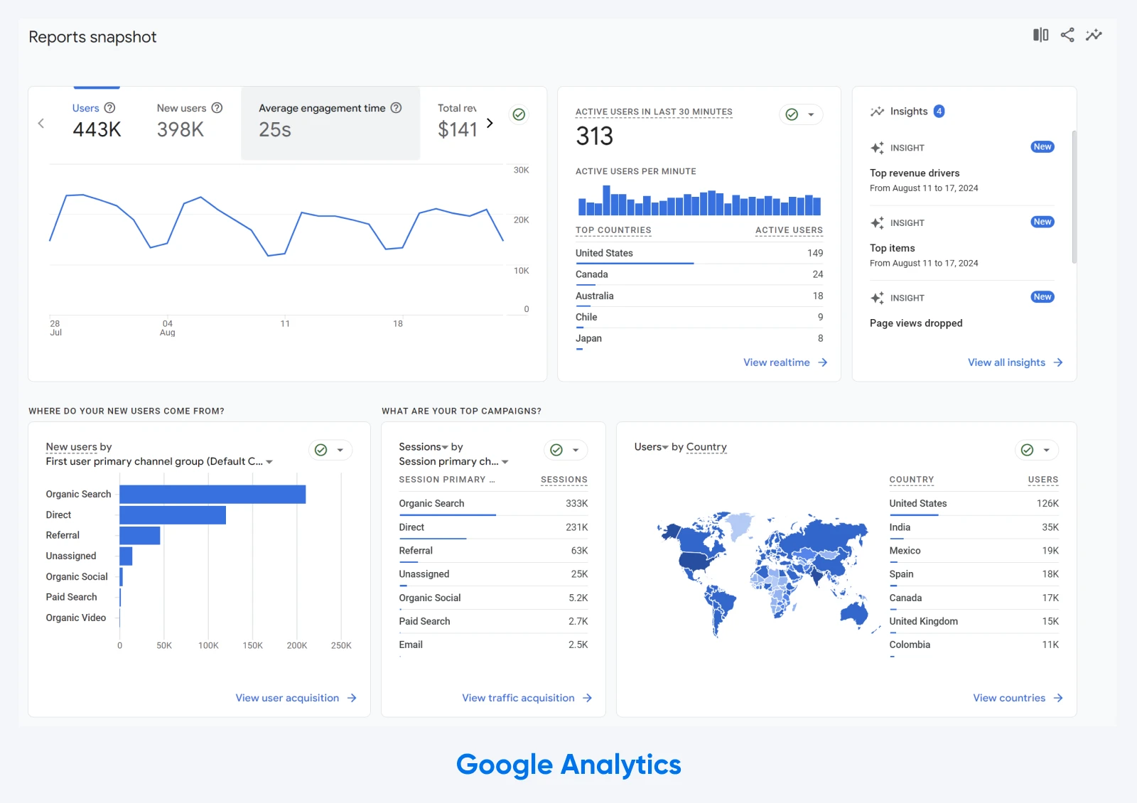 screenshot of Google Analytics reports snapshots dashboard 