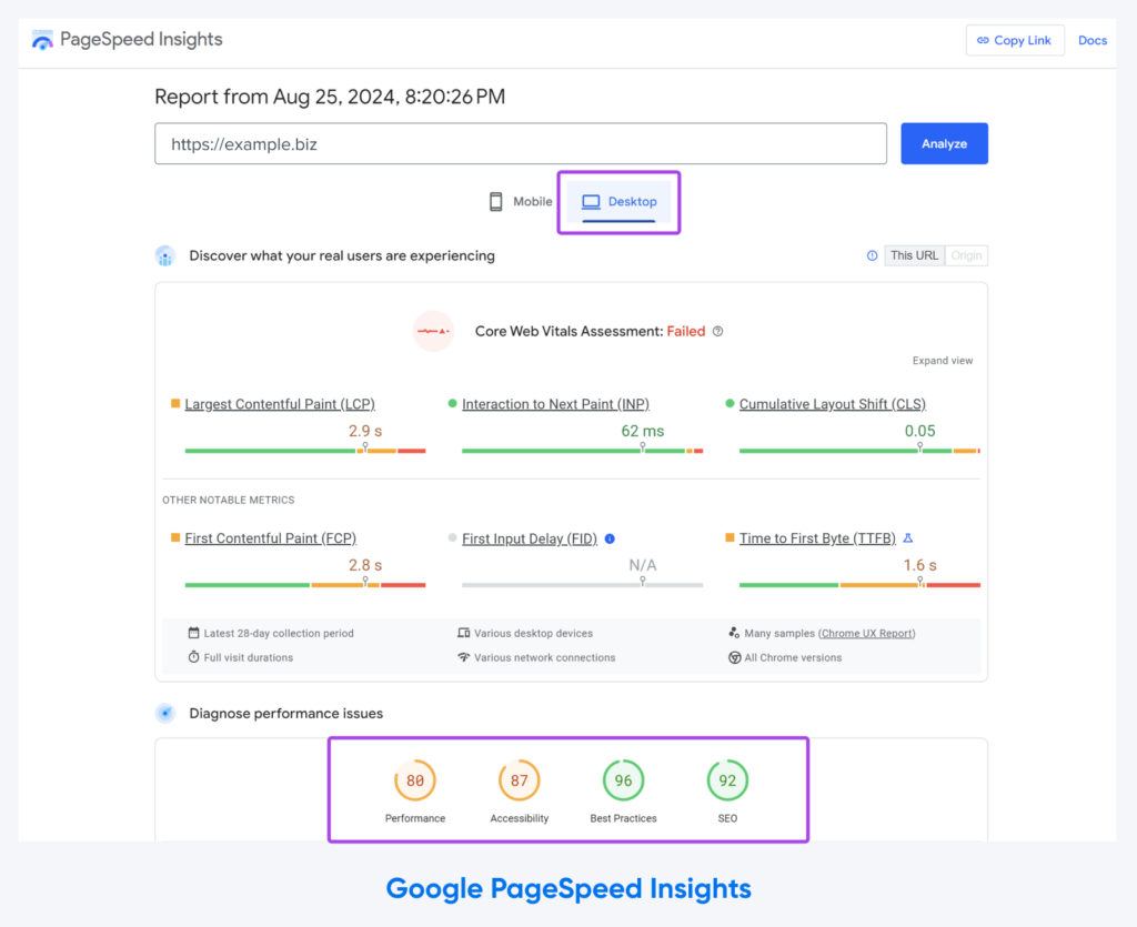 Google PageSpeed ​​Insights muestra un informe de velocidad de página con la versión de escritorio activada