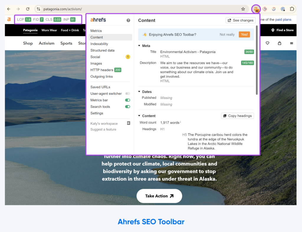 La extensión Ahrefs se utiliza en la pestaña de contenido y muestra información sobre la etiqueta de título y las metaetiquetas, así como el recuento de palabras del contenido.