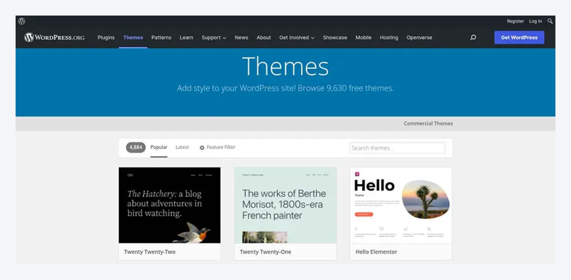 The WordPress Theme Directory has a medium blue banner. Browse 9,630 free themes.