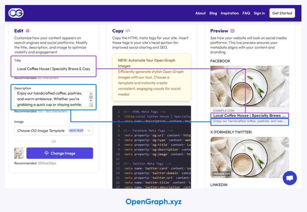 Captura de pantalla de la vista previa de OpenGraph.xyz con una etiqueta de título, una descripción y una imagen que muestra una vista previa de Facebook y LinkedIn de una publicación social