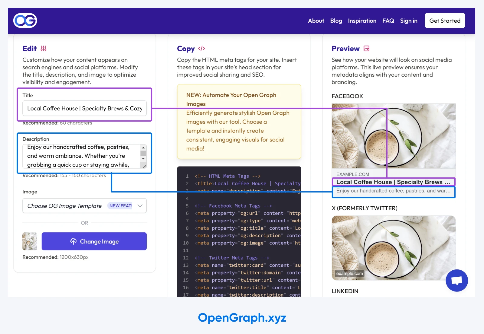 screenshot of OpenGraph.xyz preview with a title tag, description, and image shwoing a Facebook and LinkedIn preview of a social post