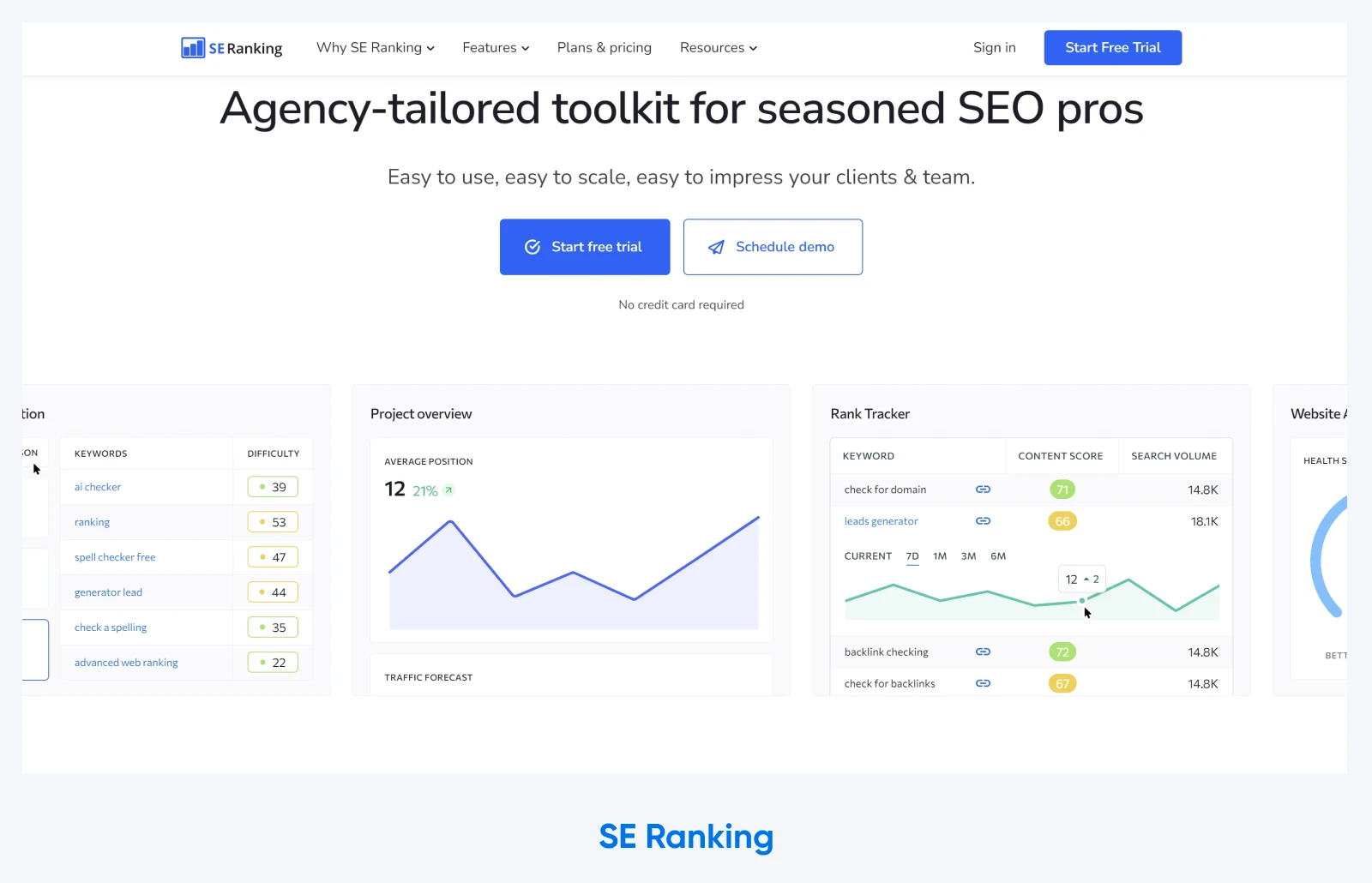 screenshot of SE Ranking home page with heading "Agency-tailored toolkit for seasoned SEO pros"