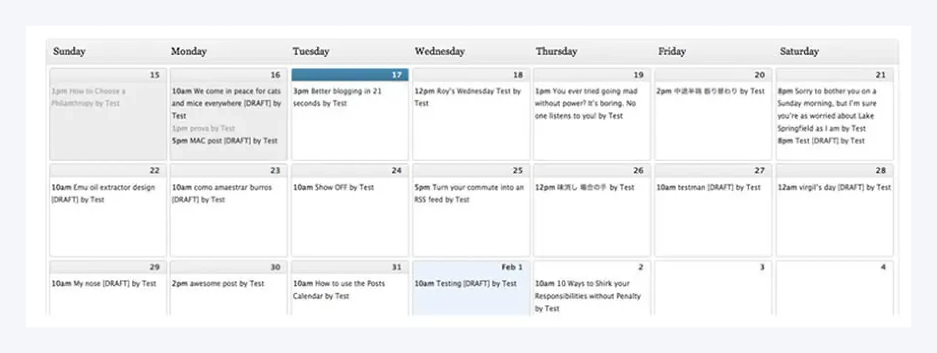 The Editorial Calendar plugin looks like a calendar or schedule, showing Sunday through Saturday across the top