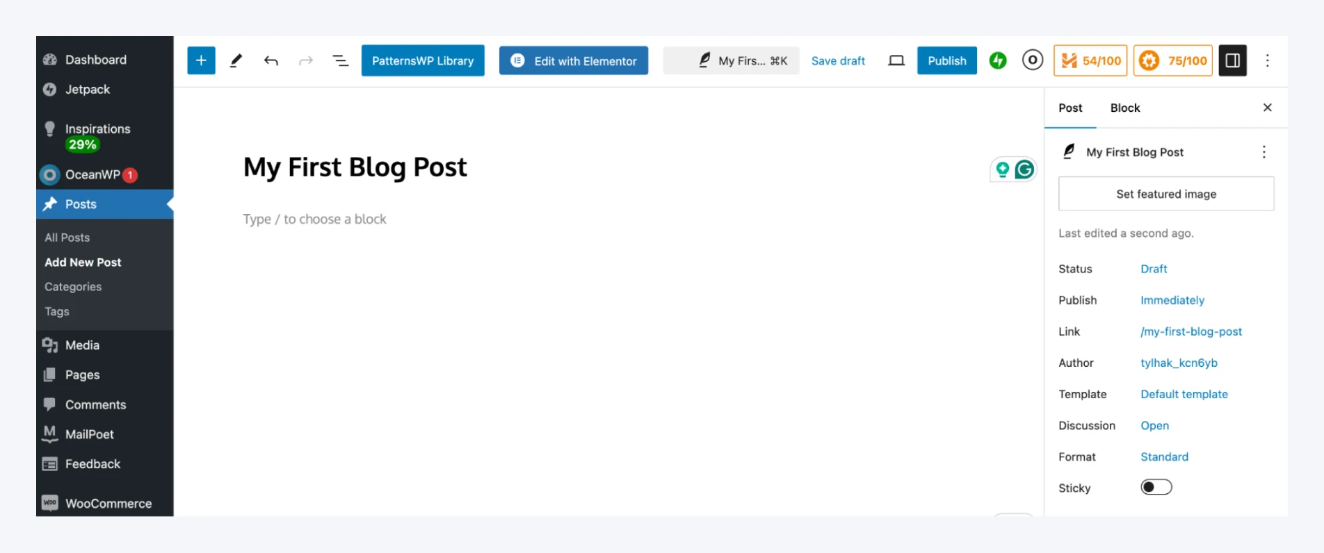 The WordPress Editor has its main menu on the left, space to write in the center, and blocks on the right