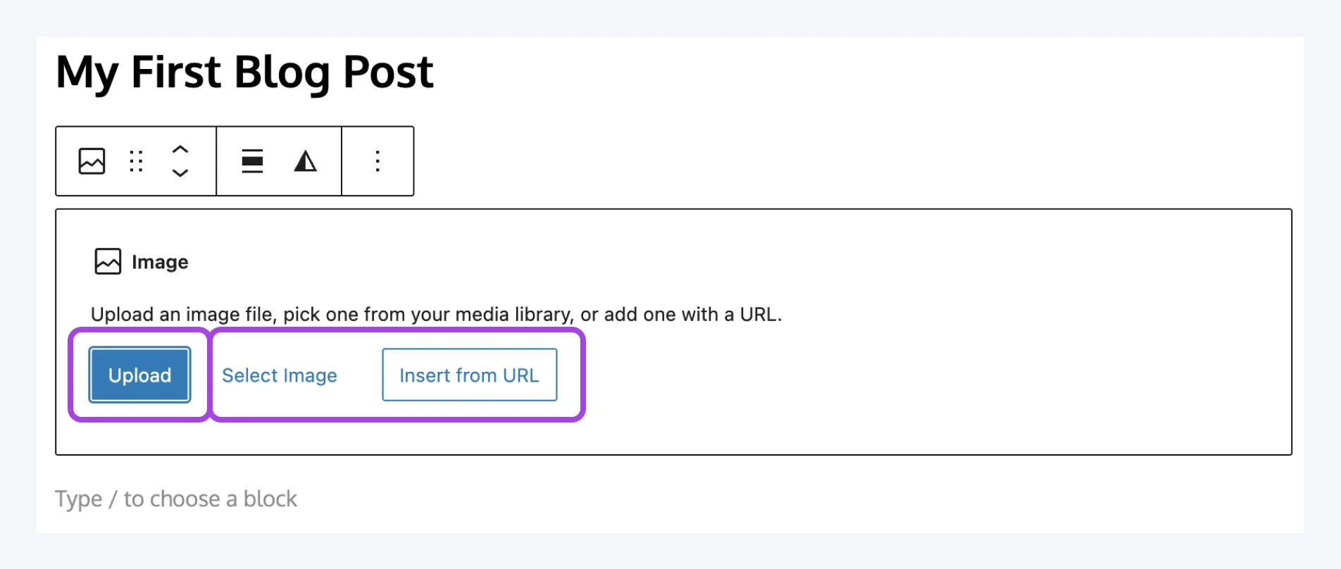 To upload an image file, click the blue Upload button. Or choose from 'Select image' or 'Insert from URL'