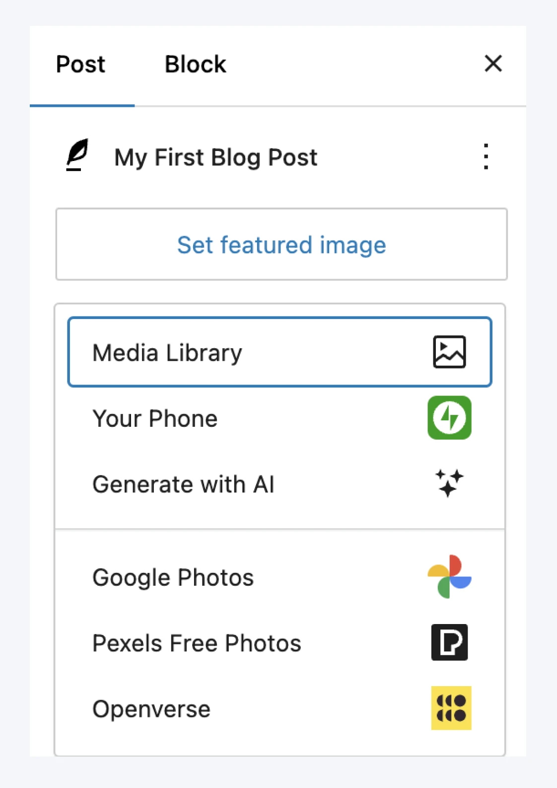 Use the Featured Image option in the right sidebar to set a main image for the post