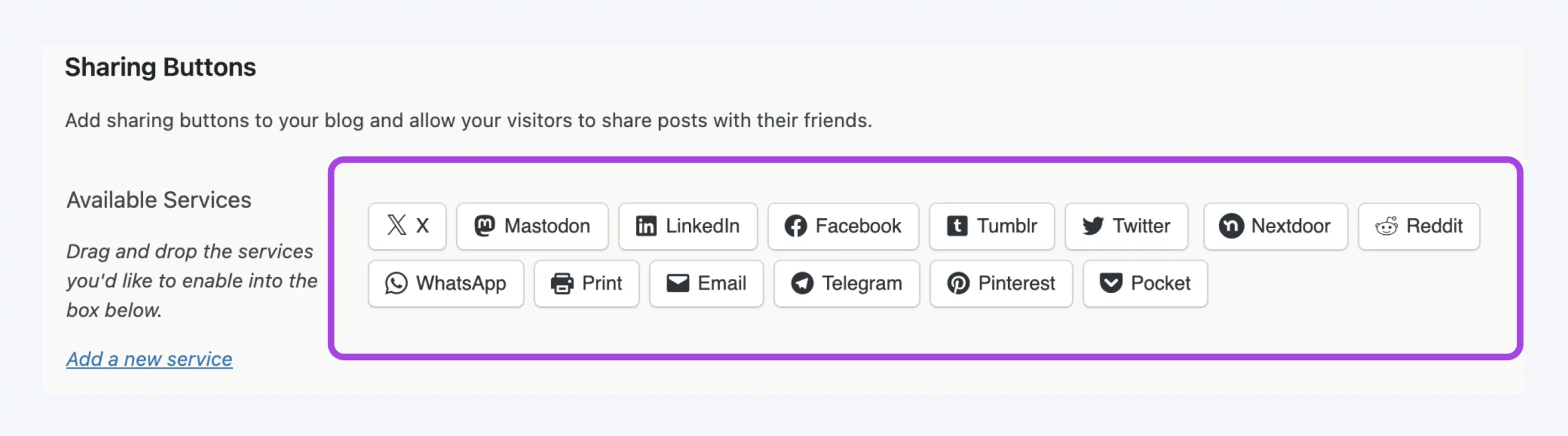 Add sharing buttons to your blog. Choose from options like X, Mastodon, LinkedIn, Facebook, or WhatsApp