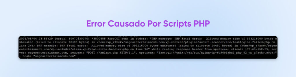 Encabezado "Error causado por scripts PHP" con código en una captura de pantalla con fondo negro.