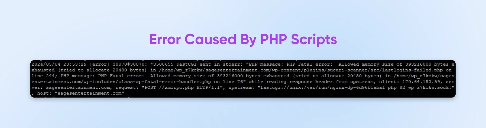 "Error Caused By PHP Scripts" header with code in a black background screenshot.