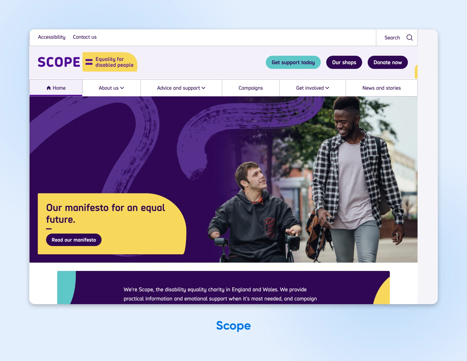 Scope's landing page screenshot with bold colors, high-contrast text, and a clear navigation menu on top.