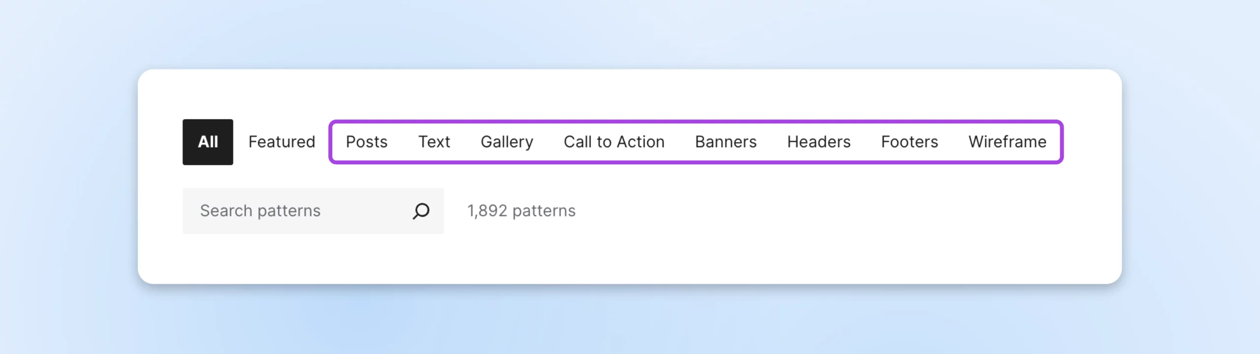A purple rectangle emphasizes the block pattern categories. A search bar appears below the categories.