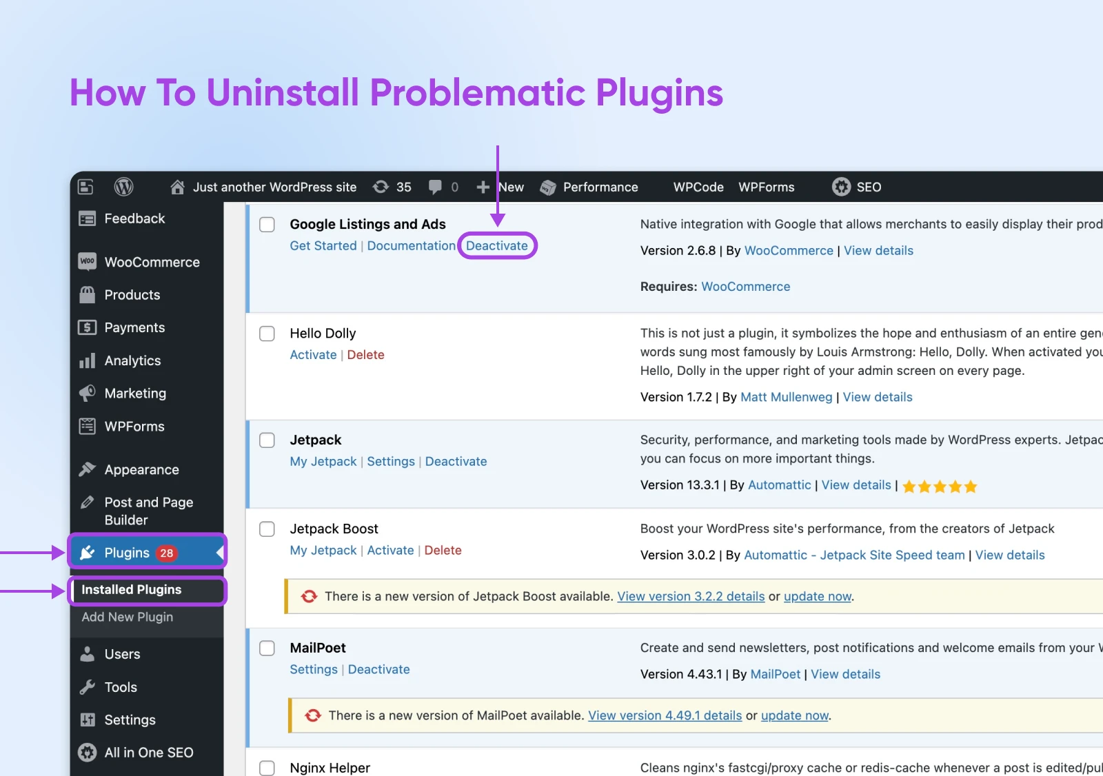 "How To Uninstall Problematic Plugins" header with screenshot of Plugins tab and Deactivate button pointed to.