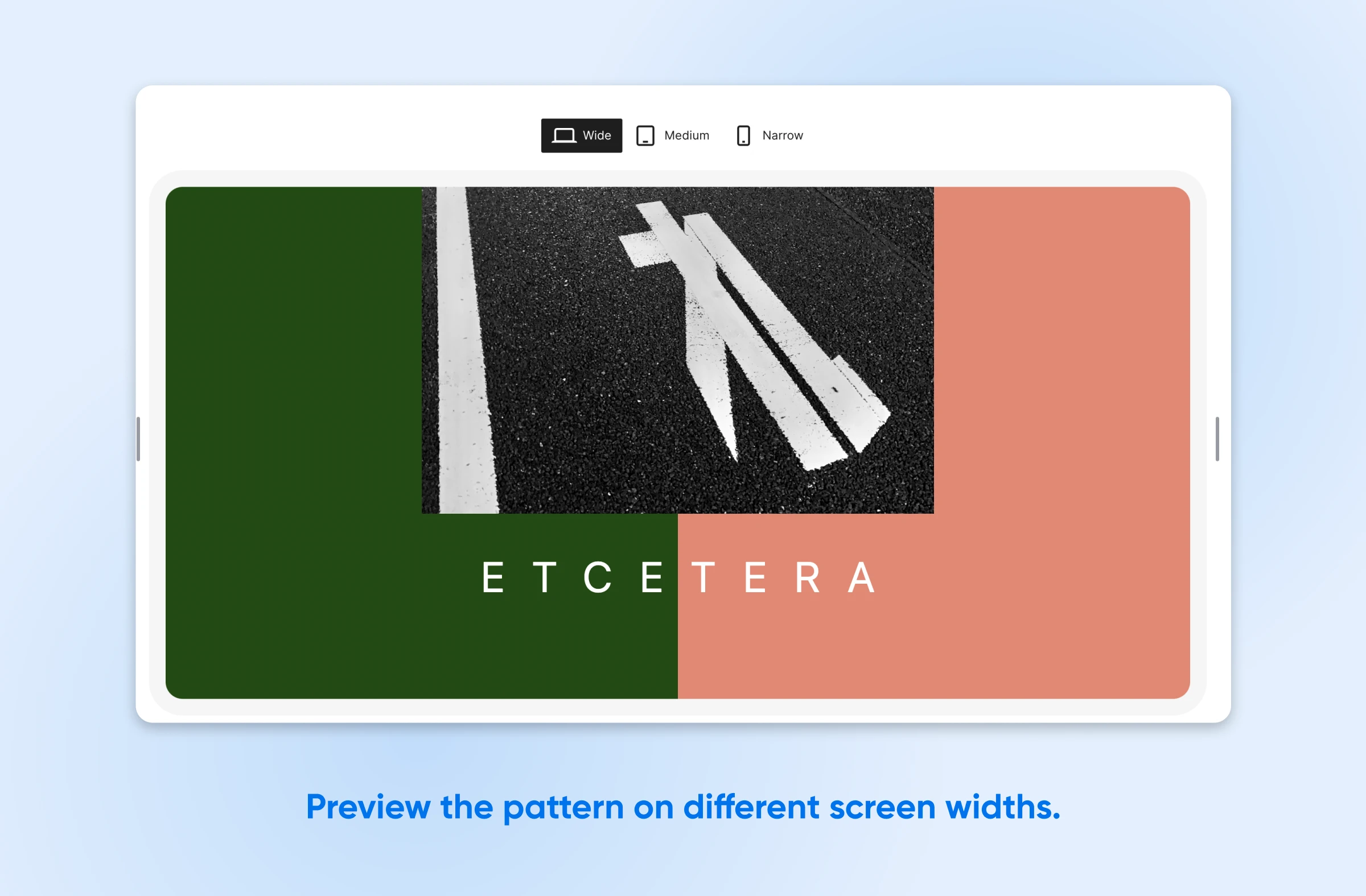 A wide-screen pattern preview shows the word 'etcetera' against a green and salmon background 