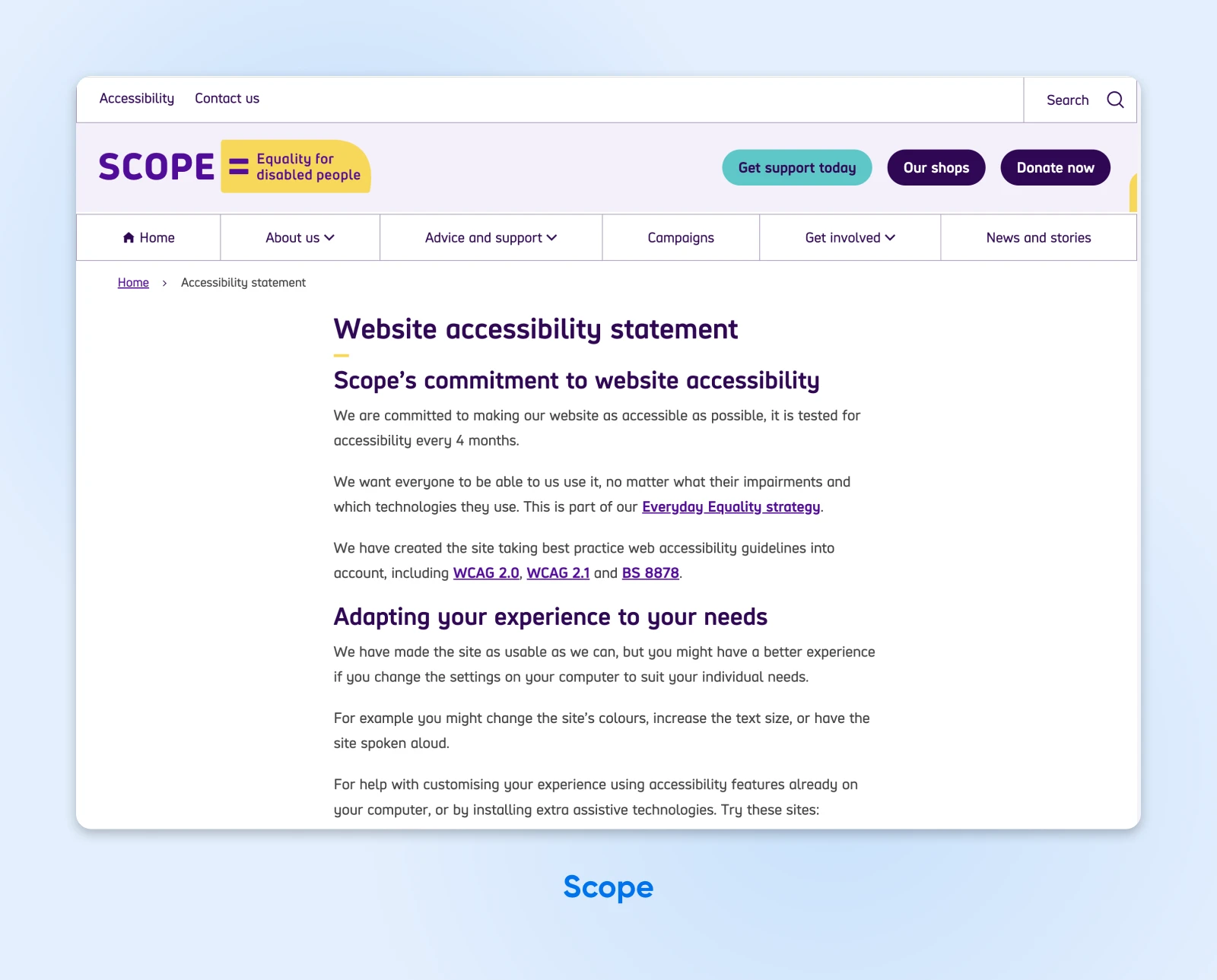 Scope's Accessibility statement page outlining its commitments and adapting the experience to users' needs.
