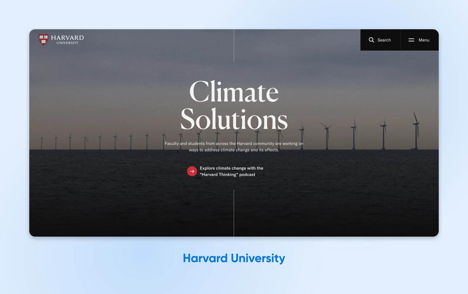 Harvard University landing page with the header Climate Solutions set against a photograph of windmills in a field. 