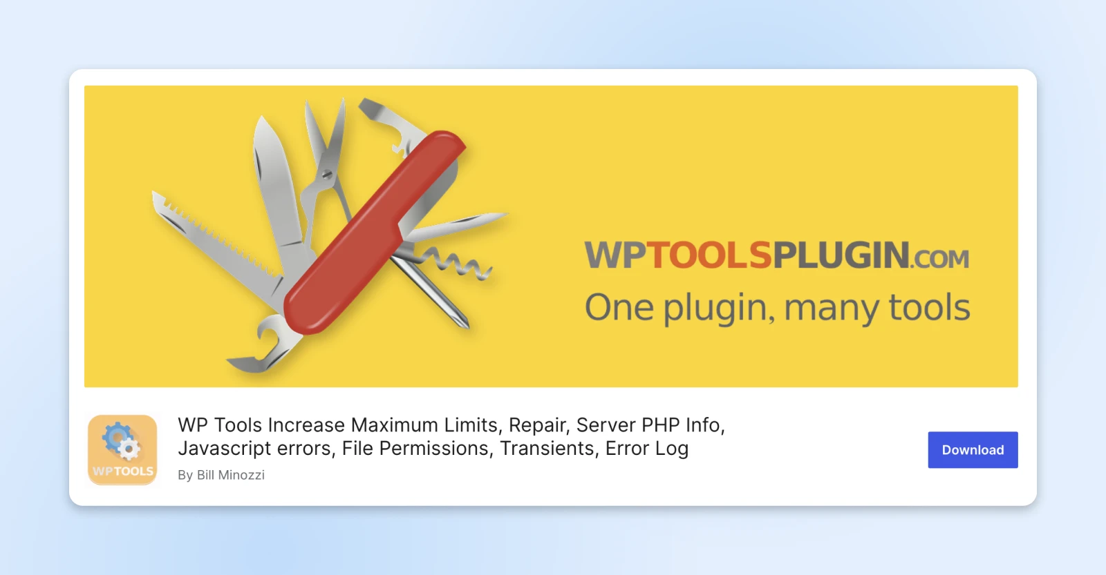 WPTOOLSPLUGIN.COM cover image of a Swiss knife, full plugin title below, and a blue Download button.