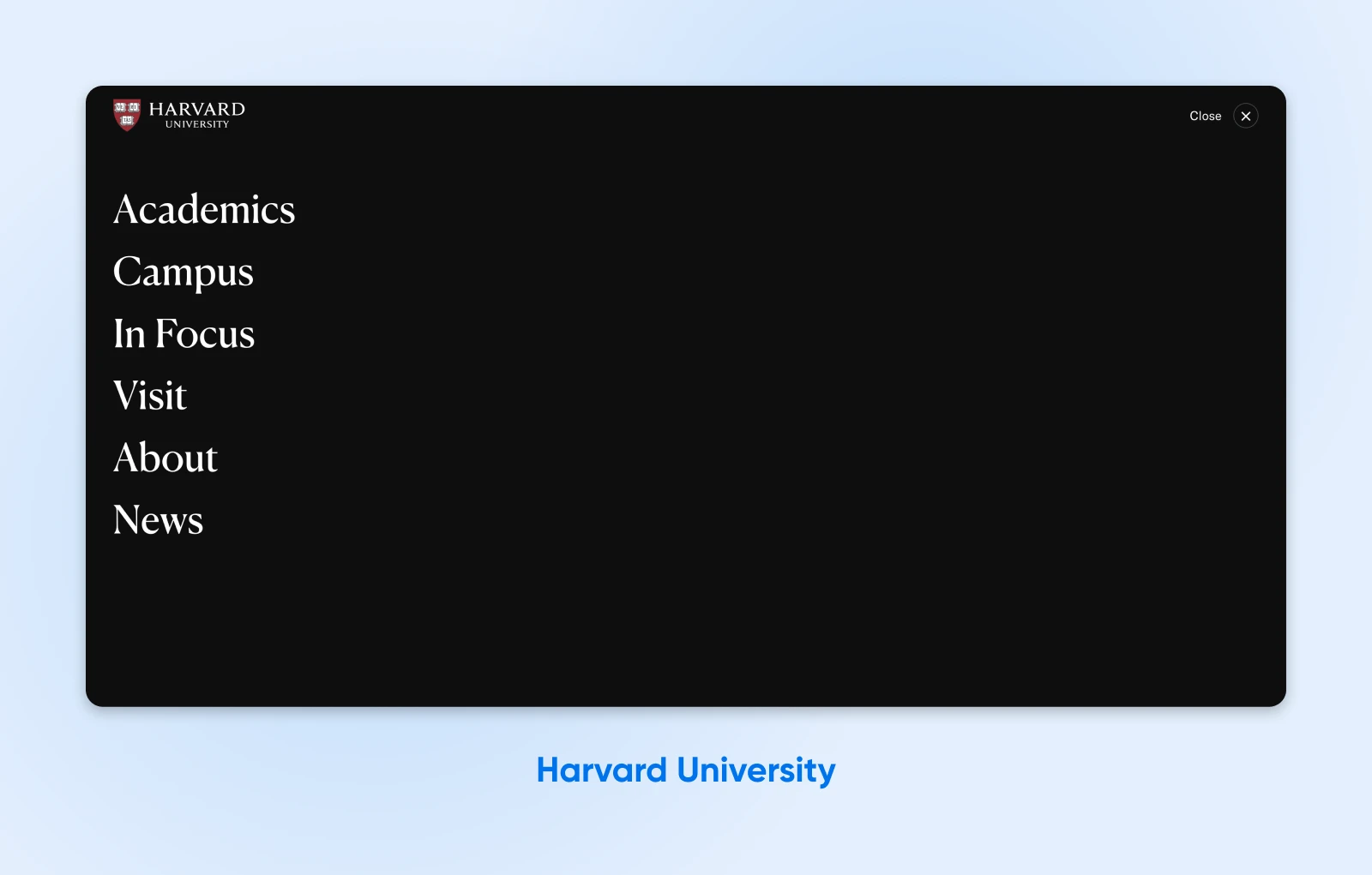 Harvard University's main navigation menu with tabs for About and Academics in large, white text against a black background, 