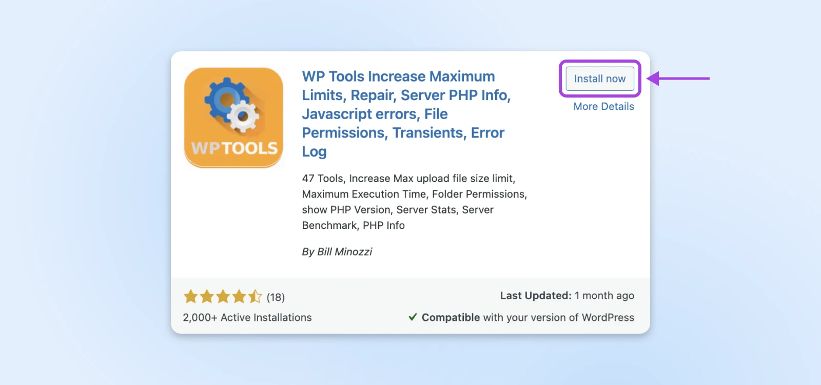 WP Tools plugin dialog box featuring reviews, last update, compatibility check, and Install now and More Details buttons.