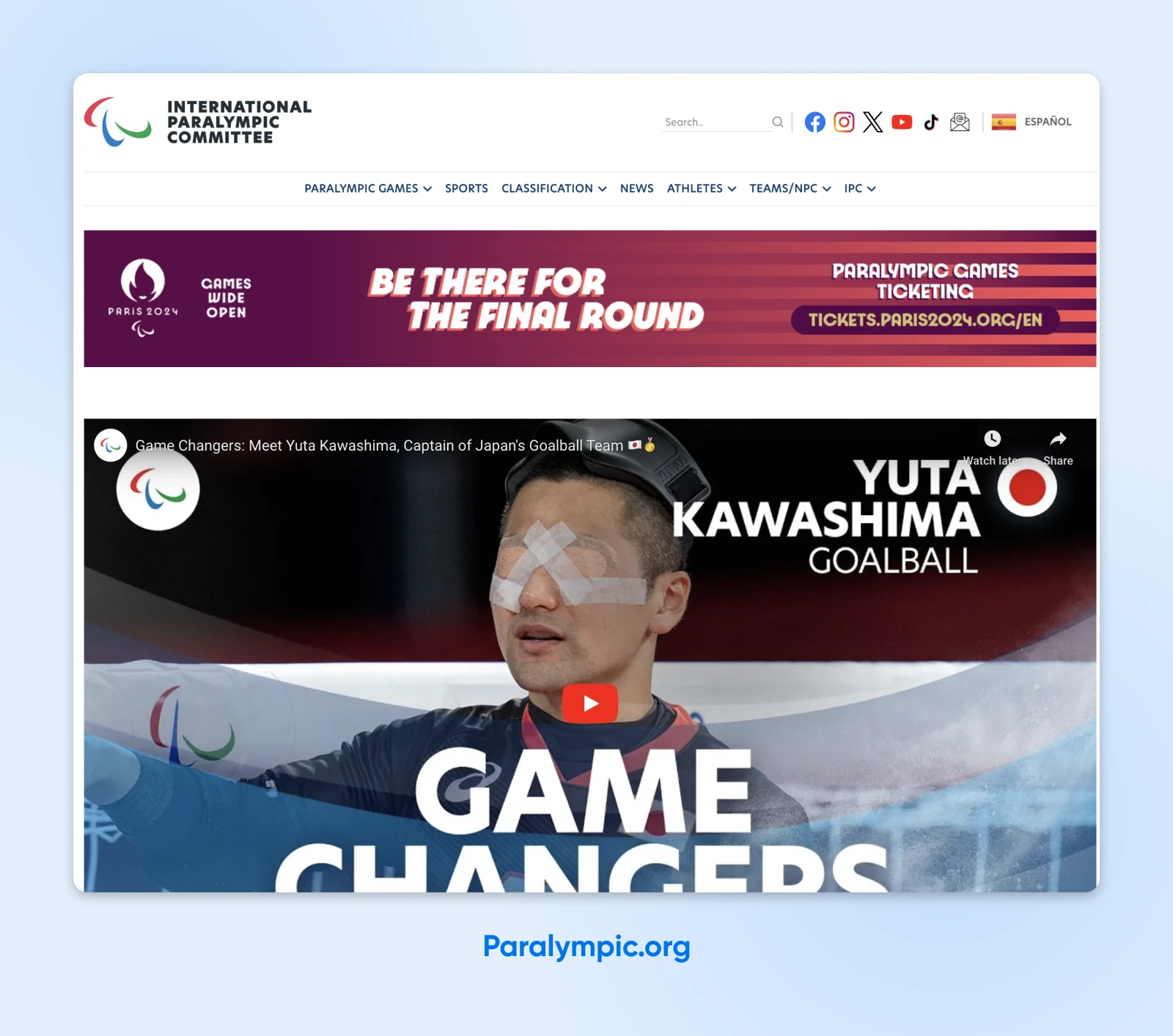 IPC's homepage with a video featured in the hero section, header, and social buttons in the top-right corner. 