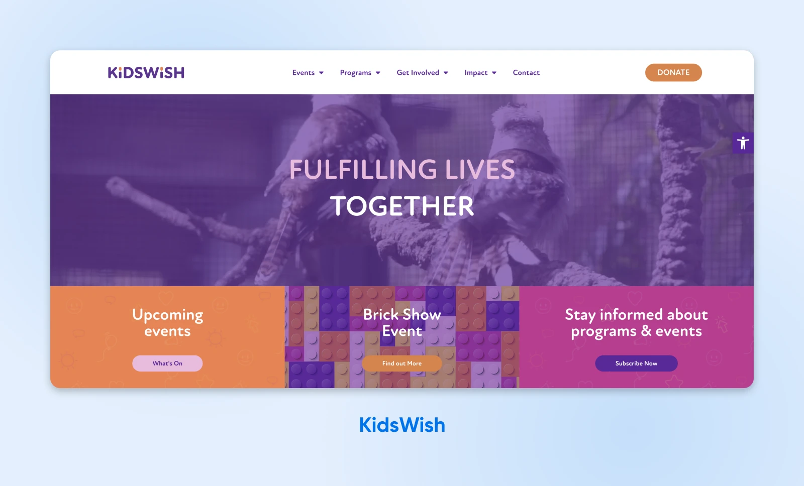 KidsWish homepage screenshot with bright, bold colors and easy-to-read large text and their slogan front and centre.