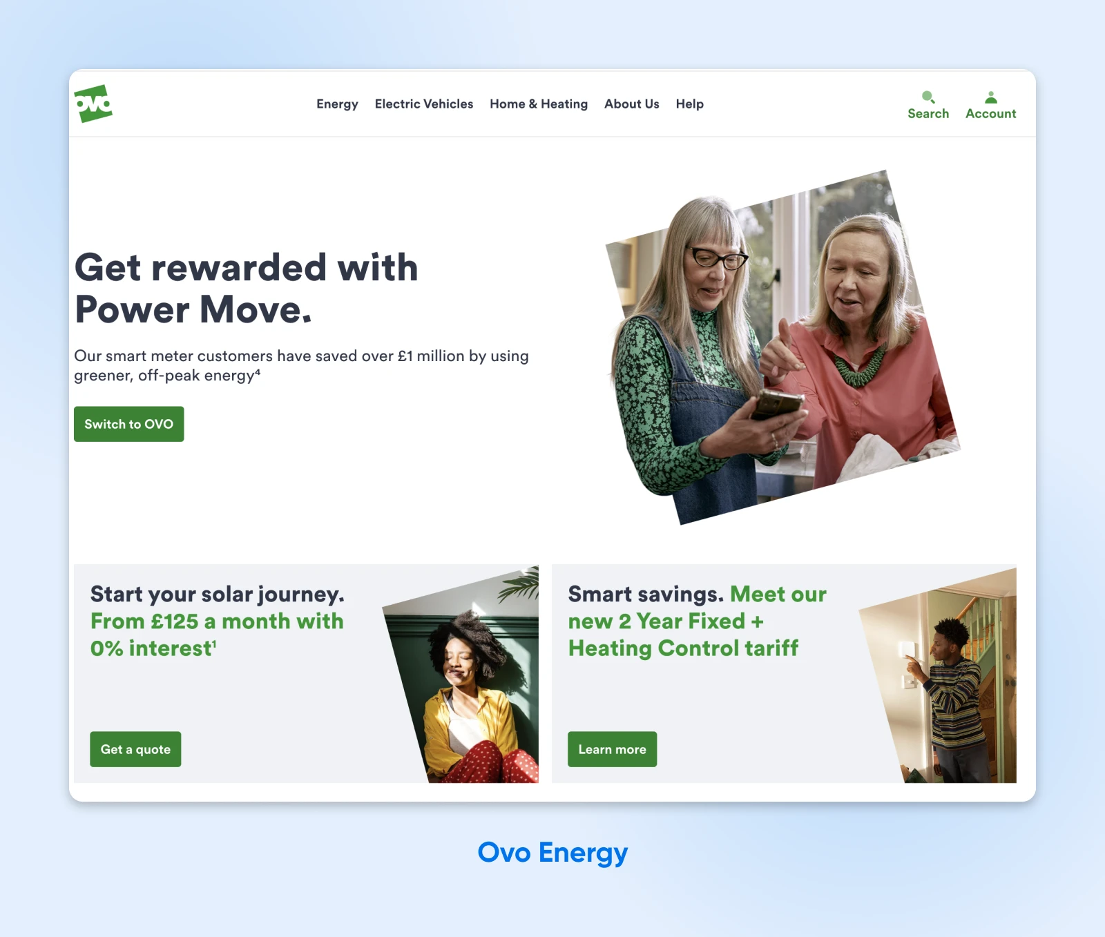 Ovo Energy's website screenshot with large text, lots of negative space, photographs in frames, and clear green buttons.