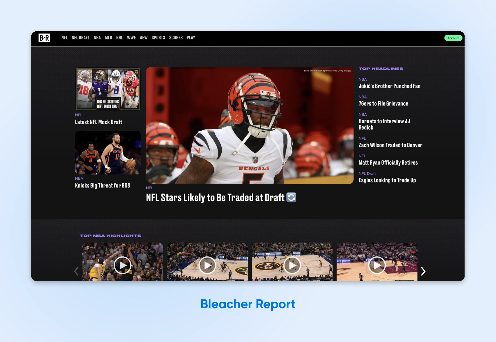 Bleacher Report's website homepage with a featured article, four videos beneath the hero section, and white text on black. 