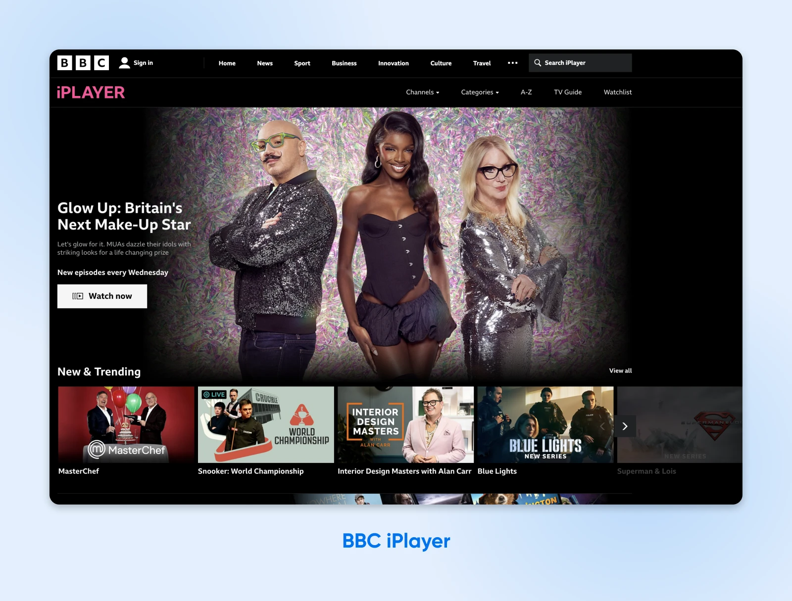 BBC iPlayer's landing page with a featured show in the hero section and "New & Trending" shows beneath. 