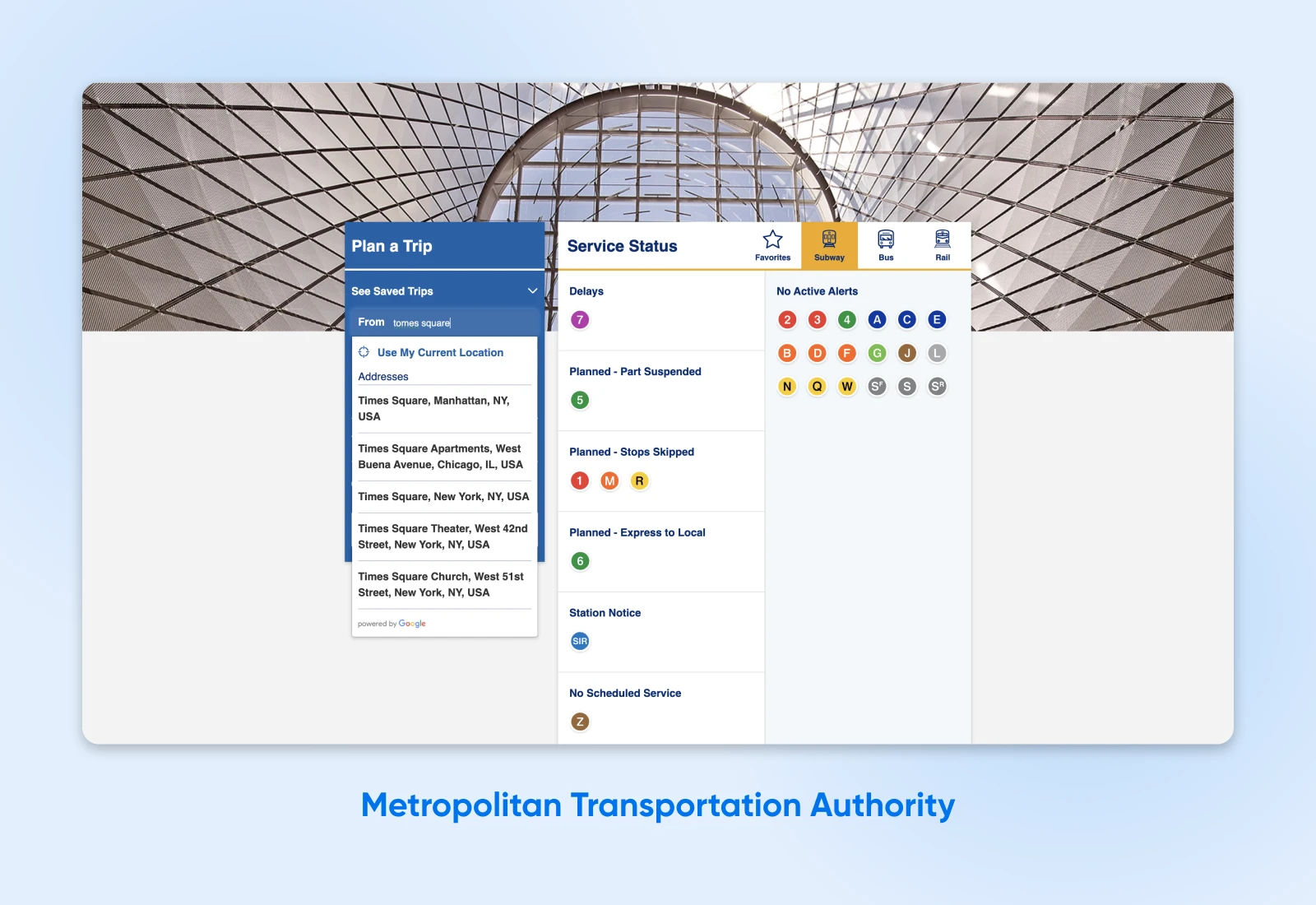 MTA website with drop-downs doe "Plan a Trip" and "Service Status" showing delays and planned trips in different colors.