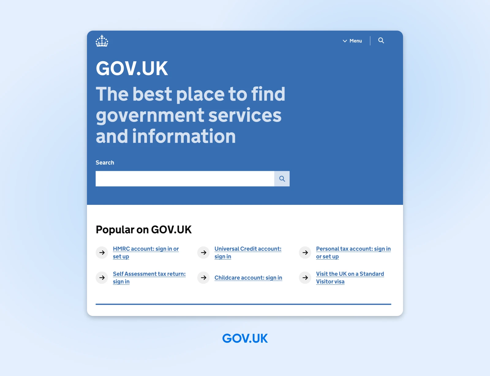 GOV.UK website in a blue-white color scheme with a search bar, and links below "Popular on GOV.UK" for better navigation.