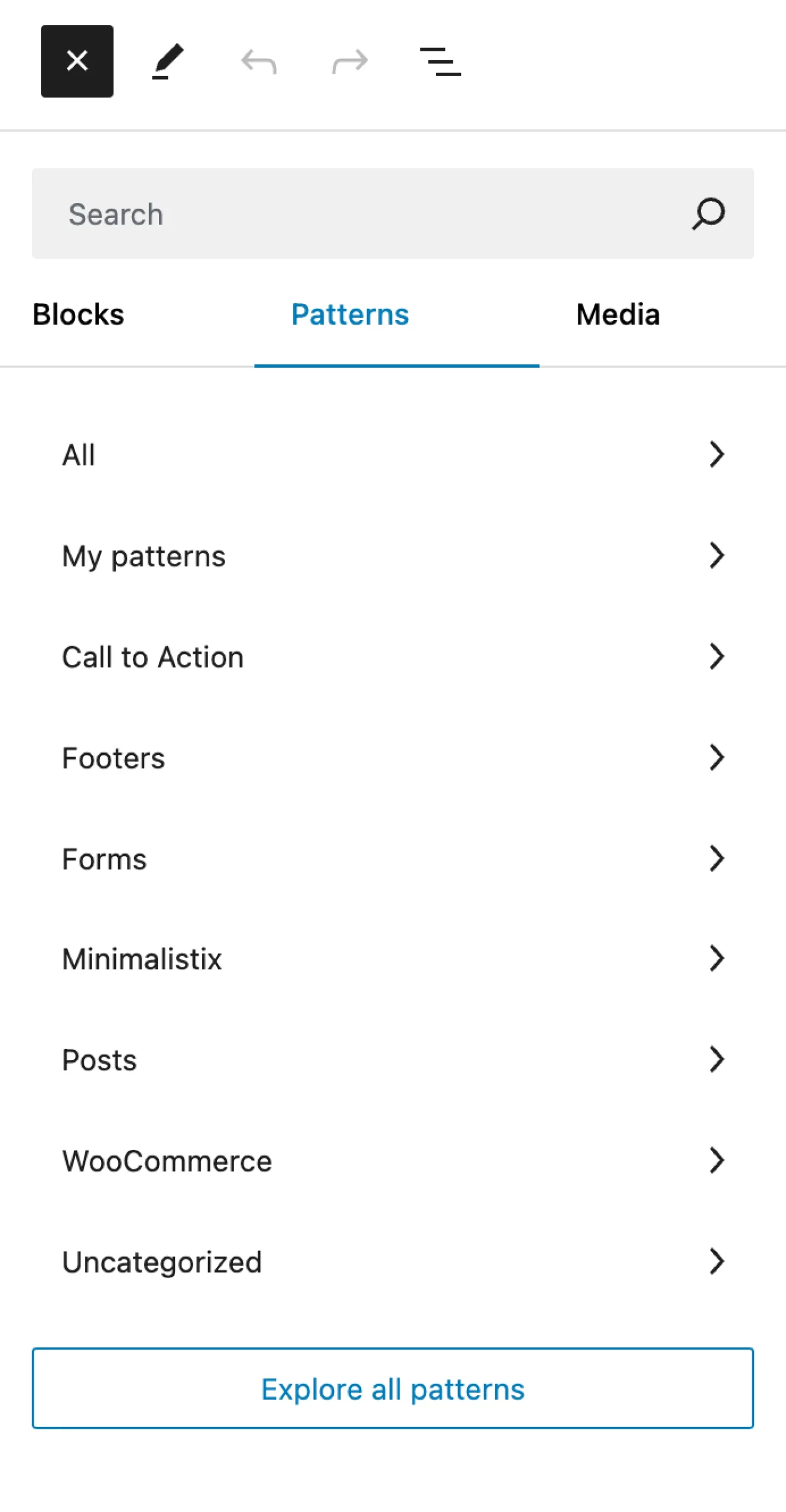 The Patterns tab reveals a long vertical list of options. At the bottom is a button that says, 'Explore all patterns'