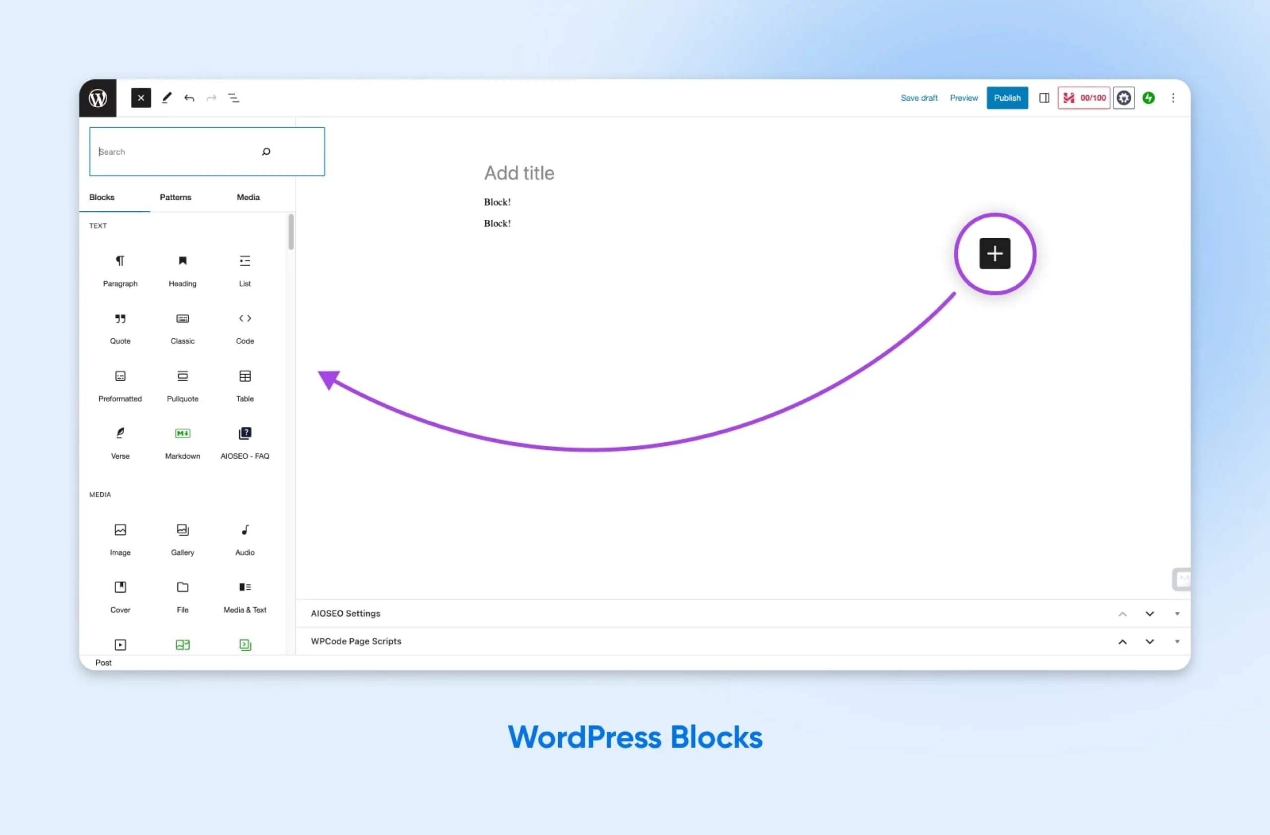 Purple arrow points to WordPress blocks on the left of the screen