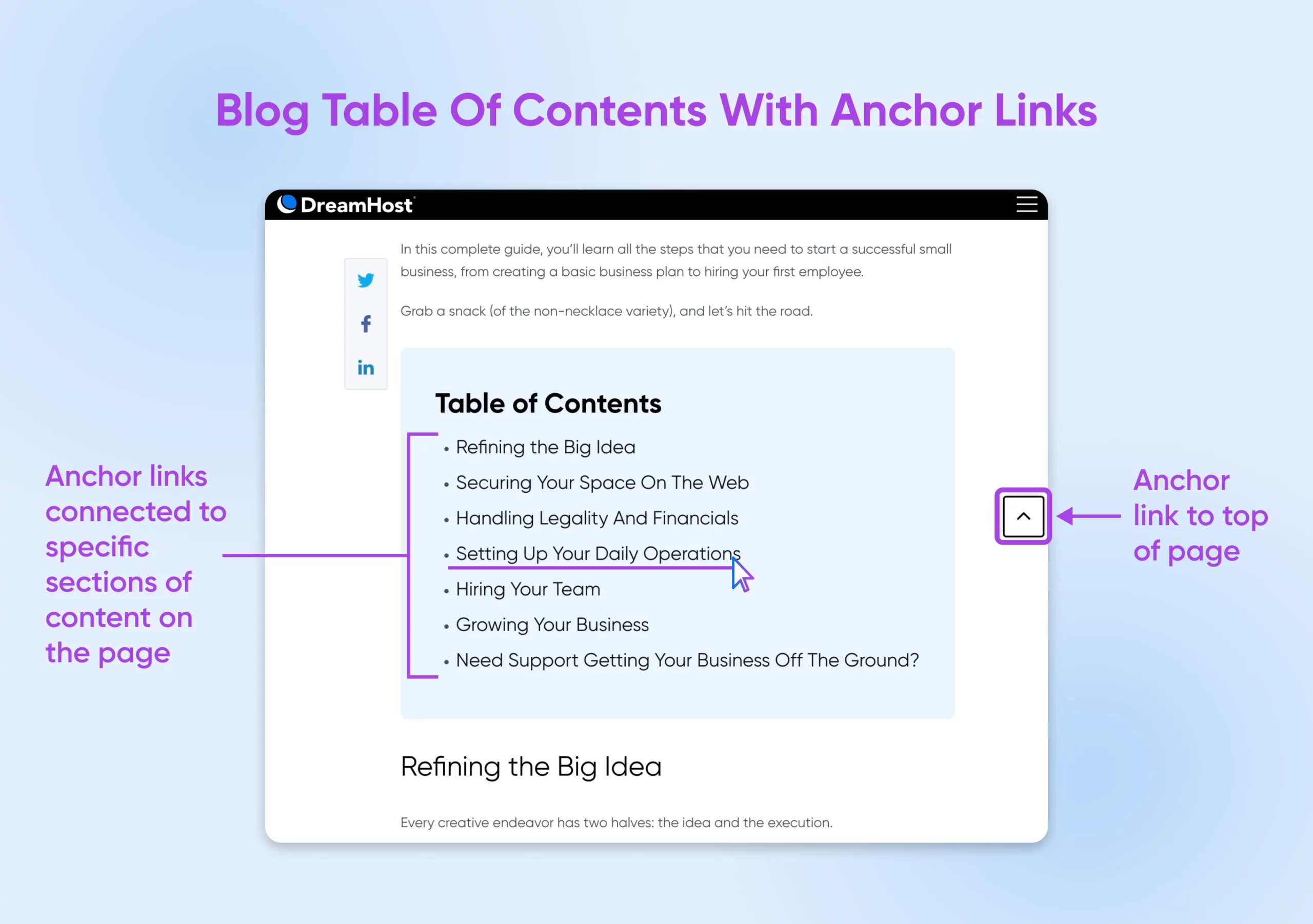 screenshot showing TOC of a dreamhost post and how some anchor links to section of text while an icon anchor links to nav to the top of the page