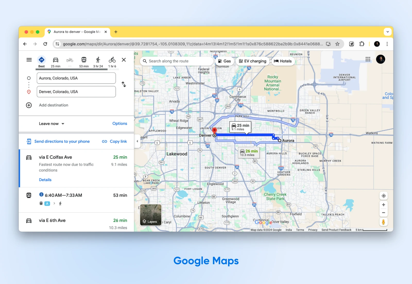Google Maps' detailed features on display for a selected route showing the distance, red pin, and destination.