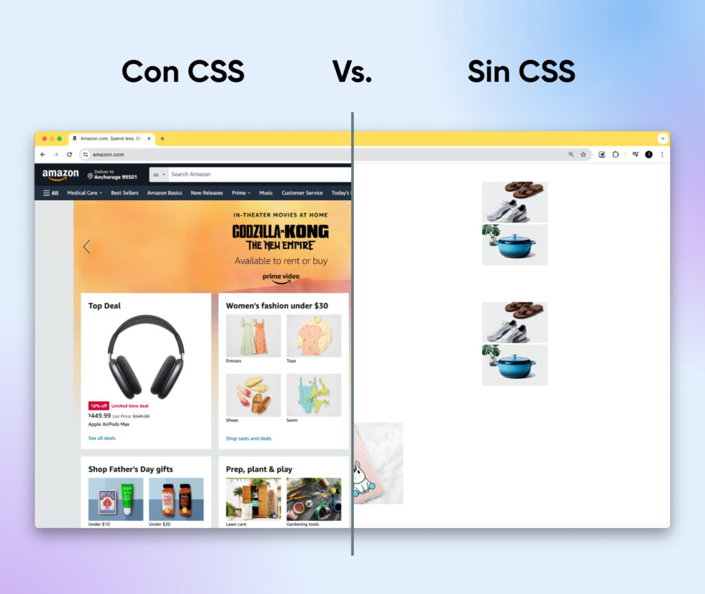 Comparación lado a lado de la página de inicio de Amazon.com, una diseñada con CSS versus una sin CSS.