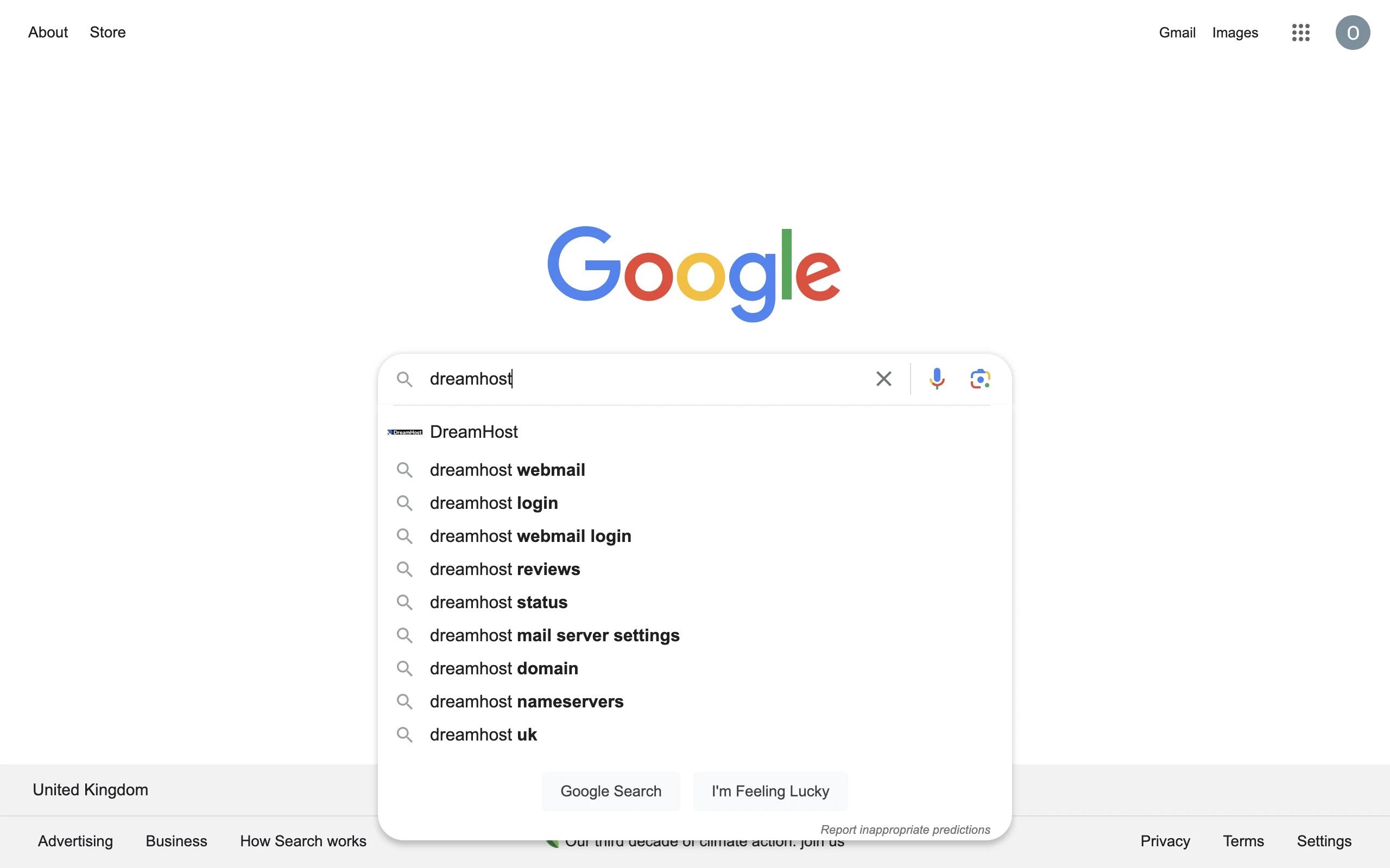 Google search for "dreamhost" with related searches showing dreamhost webmail, dreamhost login, dreamhost reviews, etc.