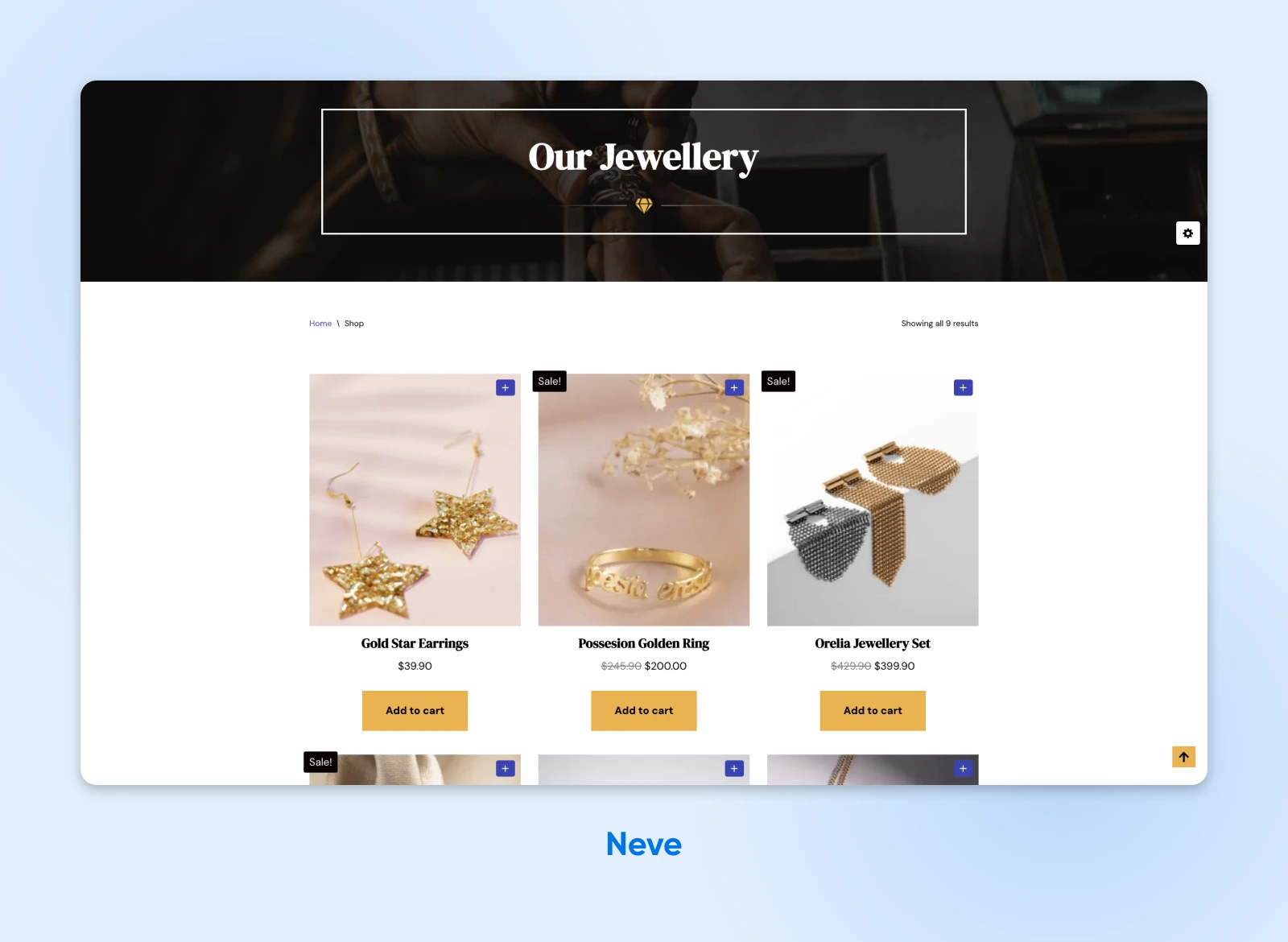 Neve WooCommerce theme showing a sample page with jewellery products and buttons to "Add to cart."