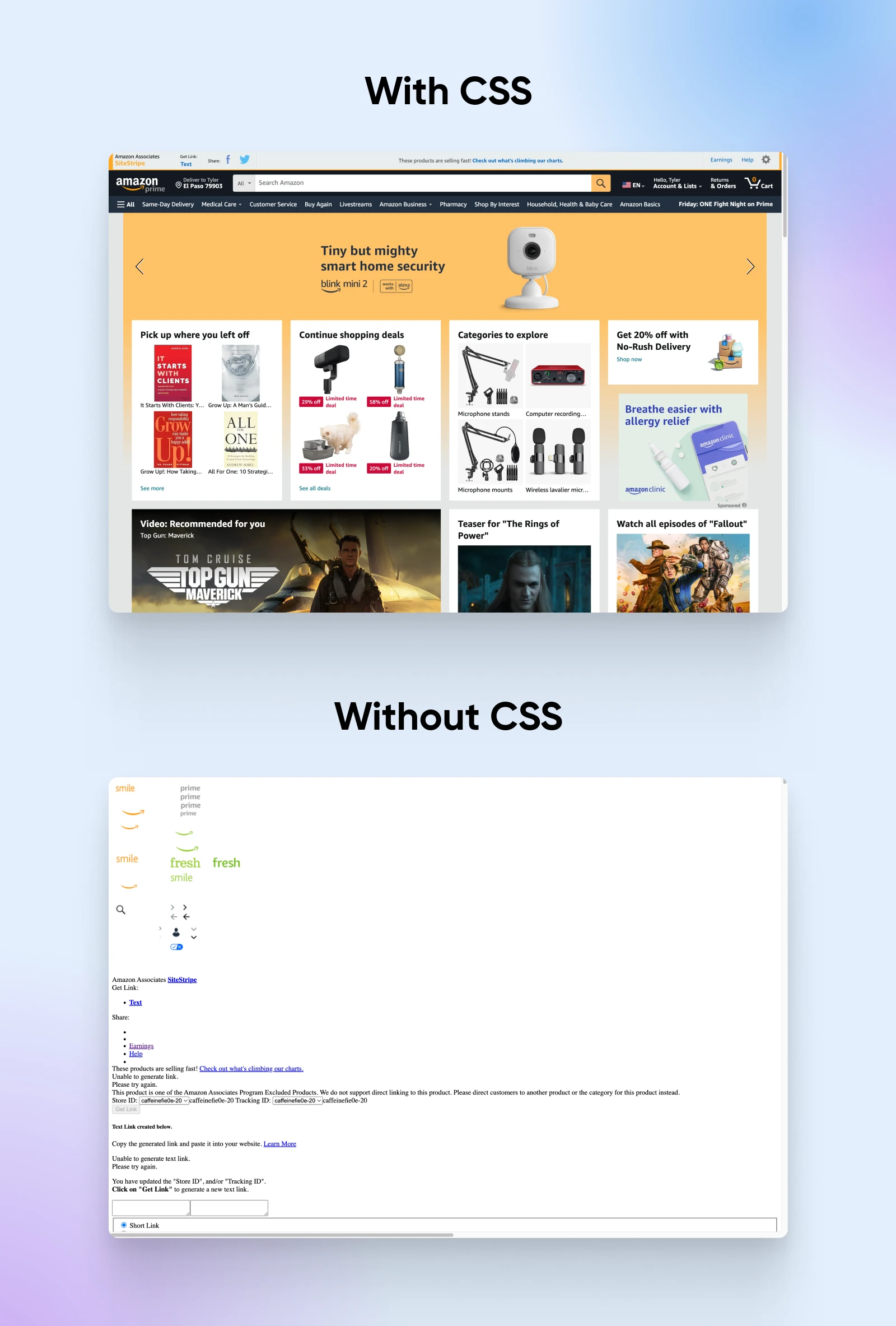 Side-by-side comparison of Amazon.com's homepage, one designed with CSS vs. without CSS.