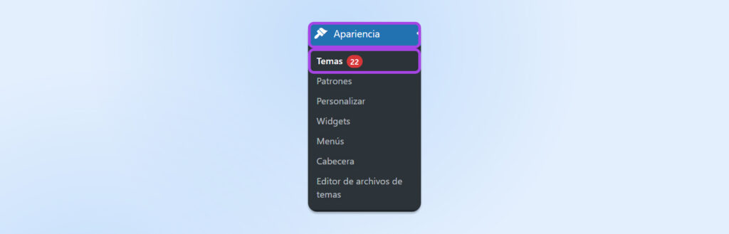 menu navegación panel wordpress, apariencia > temas 
