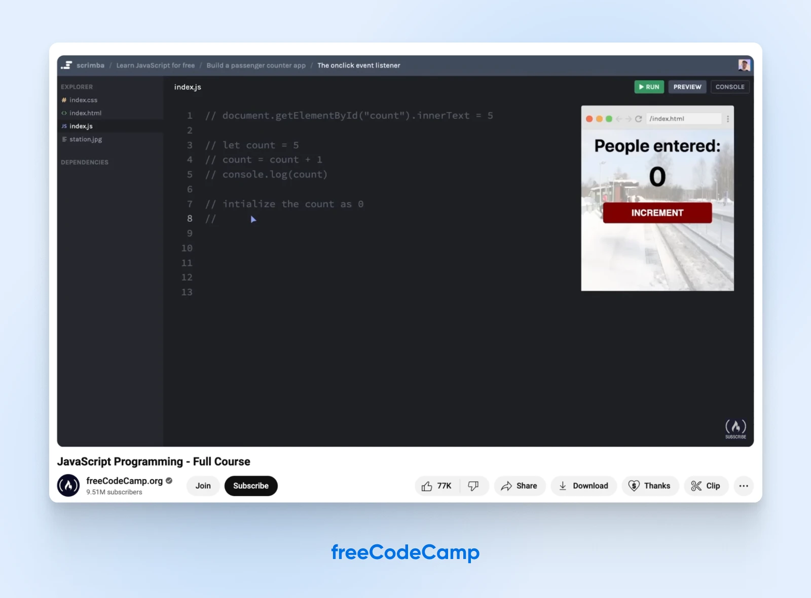 freeCodeCamp's JavaScript Programming - Full Course video on Youtube with over 77K likes.