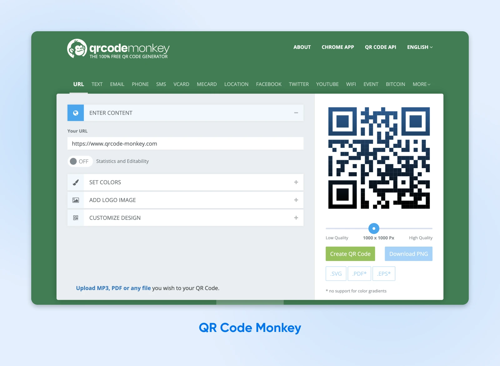 QR Code Monkey lets you create customized QR codes to take you to a URL. The homepage is green.