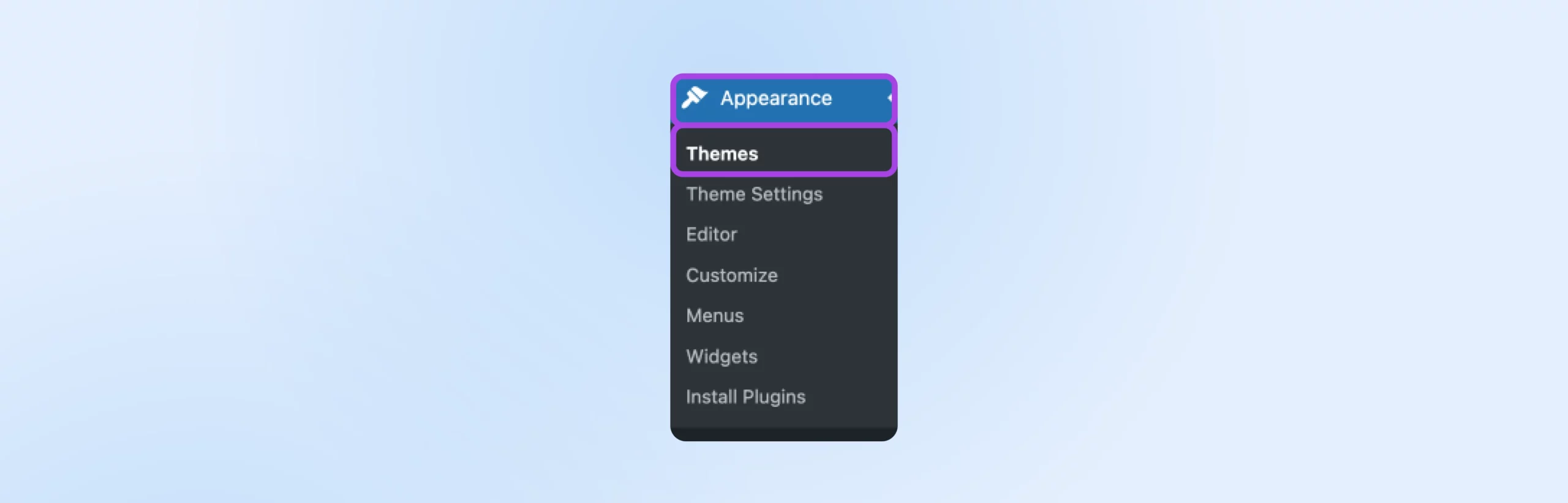 WordPress dialog drop-down menu for "Appearance" and "Themes" selected. 