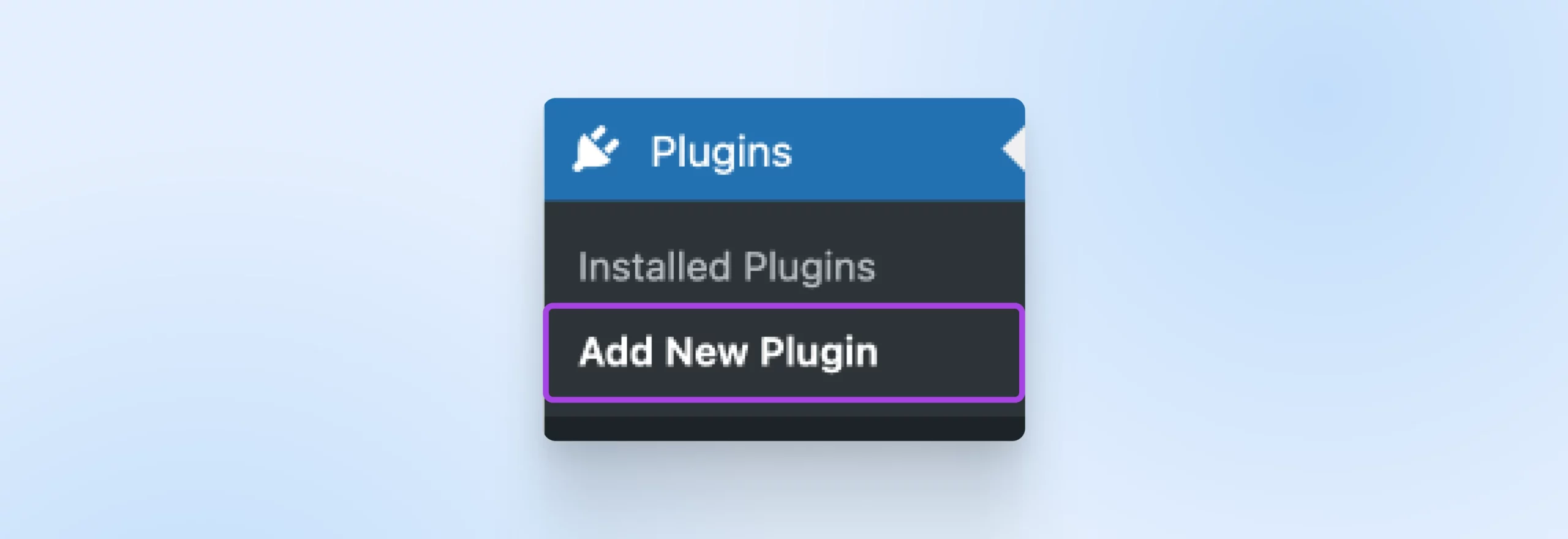 The Plugins menu appears. The options are 'Installed Plugins' and 'Add New Plugin,' which has a purple box around it